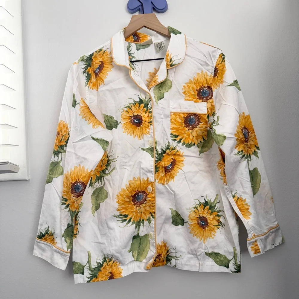 L.L. Bean Women’s‎ Large Sunflower Print PJ Shirt White Spring Floral Cottage